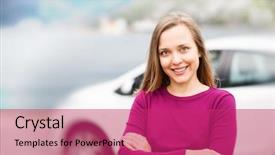  Presentation with car - PPT theme with newtravelling - young woman standing near new background and a red colored foreground
