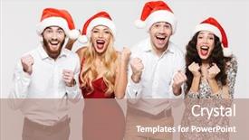  Presentation with group of happy couples - Colorful presentation theme enhanced with newyear - group of happy friends dressed backdrop and a coral colored foreground