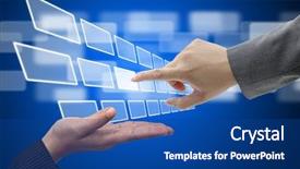  Presentation with touch screen technology - Slides with next generation - business hand push on virtual background and a ocean colored foreground