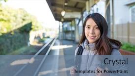  Presentation with waiting - Beautiful presentation theme featuring next station - woman waiting for train backdrop and a seafoam green colored foreground