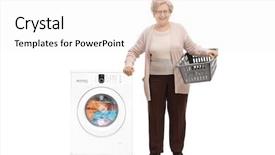  Presentation with full length portrait two men women brown sweater - Slides having next to a washing machine background and a white colored foreground