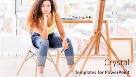  Presentation with painted by me nice - PPT theme with nice girl painter sitting in front of easel in workroom background and a lemonade colored foreground