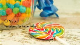  Presentation with blue ribbon - Colorful presentation design enhanced with nice glass container with blue ribbon filled candies backdrop and a yellow colored foreground