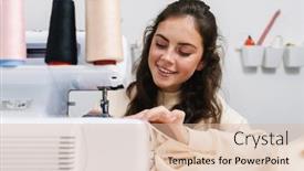  Presentation with sewing machine - PPT layouts featuring nice-happy-girl-seamstress-smiling background and a lemonade colored foreground