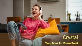  Presentation with music headphones - PPT theme consisting of nice-joyful-girl-listening-music background and a tawny brown colored foreground