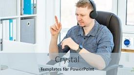  Presentation with headphones - PPT theme enhanced with nice-man-in-headphones-teleworking background and a light blue colored foreground