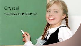  Presentation with school board - Beautiful theme featuring nice schoolgirl near to a school board backdrop and a seafoam green colored foreground