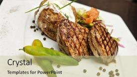  Presentation with done - Cool new slides with nice well done steak with potato and some pepper backdrop and a soft green colored foreground