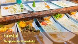  Presentation with restaurant - Audience pleasing PPT theme consisting of nicely ordered food in restaurant backdrop and a  colored foreground