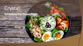  Presentation with tuna - Slides consisting of nicoise-salad-tuna-hard-boiled background and a violet colored foreground