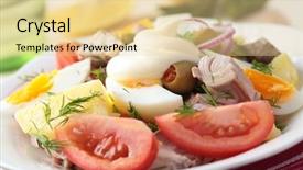  Presentation with mayonnaise - Beautiful PPT layouts featuring nicoise salad with tuna eggs vegetables and mayonnaise on a plate closeup backdrop and a blonde colored foreground