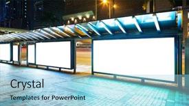  Presentation with bus station - Colorful presentation theme enhanced with seen from thames river beach backdrop and a dark gray colored foreground.