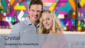  Presentation with five business people standing together and smiling - Amazing slide deck having night club - portrait of cute couple standing backdrop and a light gray colored foreground