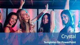  Presentation with blonde holds a magnifying glass - Amazing slide deck having night club - portrait of smiling friends holding backdrop and a ocean colored foreground