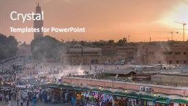  Presentation with famous moroccan koutoubia mosque minaret - Audience pleasing presentation theme consisting of night market - sunset on djemaa el-fna place backdrop and a coral colored foreground