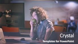 Presentation with creative - Slide deck having night office and eating apple background and a dark gray colored foreground