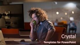  Presentation with office ergonomics man worker exercising - Presentation theme featuring night office and eating apple background and a wine colored foreground
