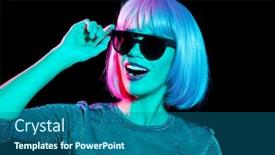  Presentation with ultra - Beautiful PPT layouts featuring nightlife fashion and people concept - happy young woman wearing pink wig and black sunglasses in neon ultra violet light over black background backdrop and a ocean colored foreground