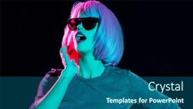  Presentation with ultra - Slide deck with nightlife fashion and people concept - happy young woman wearing pink wig and black sunglasses in neon ultra violet light over black background background and a ocean colored foreground