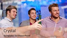  Presentation with friendship - Amazing PPT theme having nightlife party friendship leisure and people concept - group of smiling male friends with beer bottles drinking and pointing finger to something at nightclub backdrop and a coral colored foreground