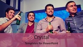  Presentation with friendship - Colorful slides enhanced with smiling male friends with beer backdrop and a violet colored foreground