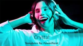  Presentation with black technology - Amazing presentation design having nightlife technology and people concept - happy young woman in headphones wearing hoodie listening to music and dancing in neon lights over black background backdrop and a cyan colored foreground