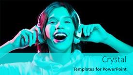  Presentation with black technology - Presentation design enhanced with nightlife technology and people concept - happy young woman in headphones wearing hoodie listening to music in neon lights over black background background and a cyan colored foreground
