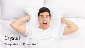  Presentation with bed - Amazing PPT theme having nightmare - man lying in bed backdrop and a white colored foreground