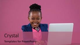  Presentation with laptop and wall - Slides featuring nine type - portrait of happy businesswoman using background and a violet colored foreground