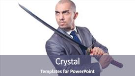  Presentation with sword - Cool new slides with ninja - businessman with sword isolated backdrop and a ocean colored foreground