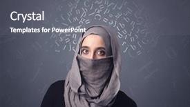  Presentation with woman muslim - Cool new PPT layouts with niqab with white alphabet letters backdrop and a gray colored foreground