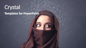  Presentation with woman muslim - Colorful presentation theme enhanced with niqab with white alphabet letters backdrop and a gray colored foreground