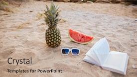  Presentation with open book - Audience pleasing PPT layouts consisting of nitrite - summer concept image pineapple watermelon backdrop and a mint green colored foreground