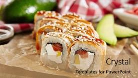  Presentation with salmon fish - Slide deck with nkri - salmon and smoked eel sushi background and a coral colored foreground