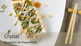  Presentation with light green - Theme having nkri - uramaki sushi rolls topped background and a coral colored foreground