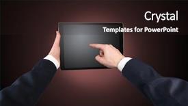  Presentation with empty of wood table top - Theme enhanced with no access - hand using tablet with no background and a wine colored foreground