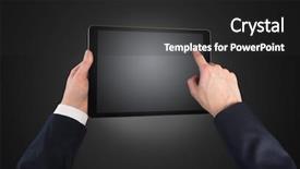  Presentation with empty of wood table top - Colorful theme enhanced with no access - hand using tablet with no backdrop and a  colored foreground