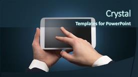  Presentation with empty of wood table top - Beautiful slide deck featuring no access - hand using tablet with no backdrop and a ocean colored foreground