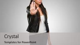  Presentation with weight loss woman showing - Beautiful presentation theme featuring no entry - young woman showing stop hand backdrop and a light gray colored foreground
