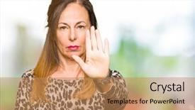  Presentation with hand print - Slides having no printing - beautiful middle age woman wearing background and a coral colored foreground