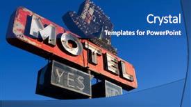  Presentation with plain blue clear sky - Theme consisting of no vacancy - retro motel sign - abandoned background and a ocean colored foreground