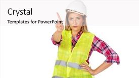  Presentation with violence - Presentation theme having no violence - female builder shows one finger background and a white colored foreground