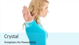 Presentation with woman covering man mouth hand - Colorful theme enhanced with no violence - woman expressing no gesture backdrop and a  colored foreground