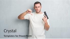  Presentation with criminal justice murder - Slides with no weapons - young caucasian criminal man background and a  colored foreground