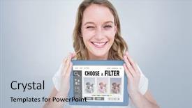  Presentation with smartphone app - PPT layouts with nod - woman showing tablet pc background and a light blue colored foreground