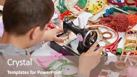  Presentation with job training - Slide deck having node - boy tailor learns to sew background and a coral colored foreground