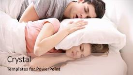  Presentation with snoring - Beautiful PPT theme featuring noise - young irritated woman lying backdrop and a coral colored foreground