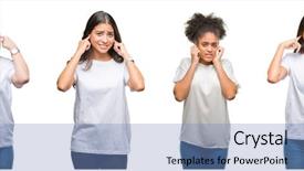  Presentation with arab music - Colorful presentation theme enhanced with collage of group of chinese arab african american woman over isolated background covering ears with fingers with annoyed expression for the noise of loud music deaf concept backdrop and a teal colored foreground