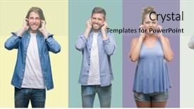  Presentation with chinese american - Audience pleasing PPT theme consisting of composition of african american hispanic and chinese group of people over vintage color background covering ears with fingers with annoyed expression for the noise of loud music deaf concept backdrop and a light blue colored foreground