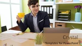  Presentation with non binary - Presentation design having non-binary-man-business-worker background and a coral colored foreground